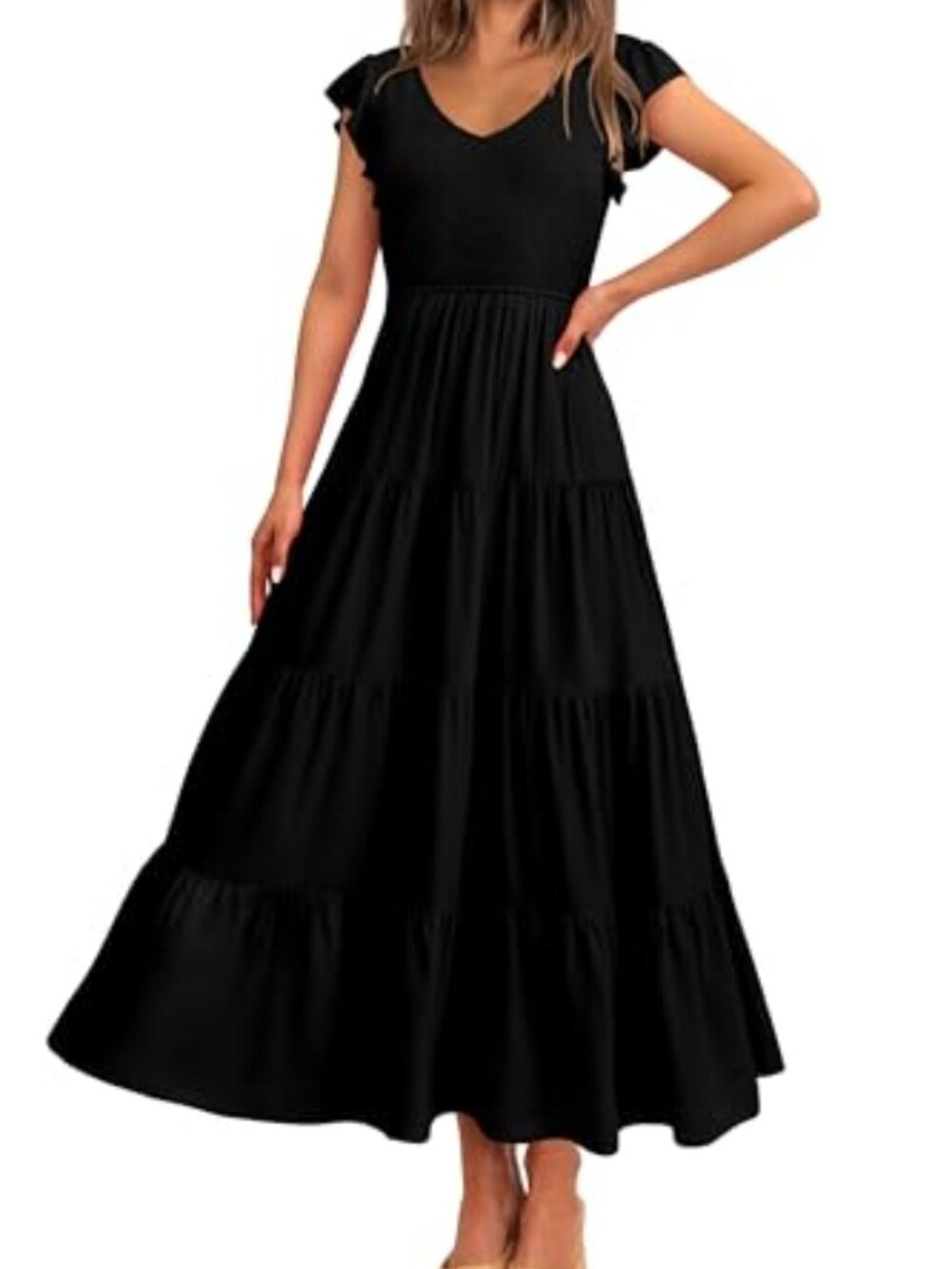 🆕 Womens Summer Flowy Maxi Dress Casual Cap Sleeve V Neck Smocked - Solid Black